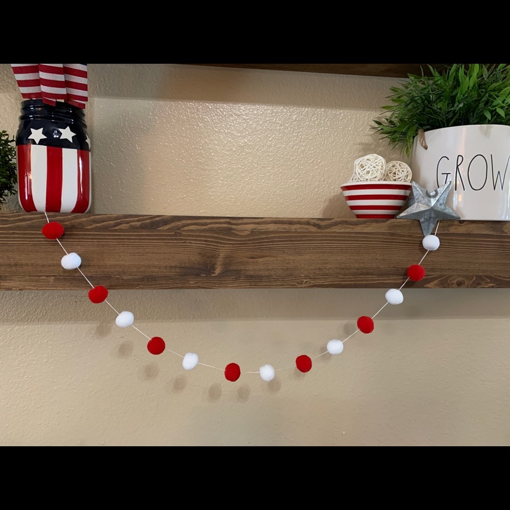Red White felt/wool Pom Pom garland banner